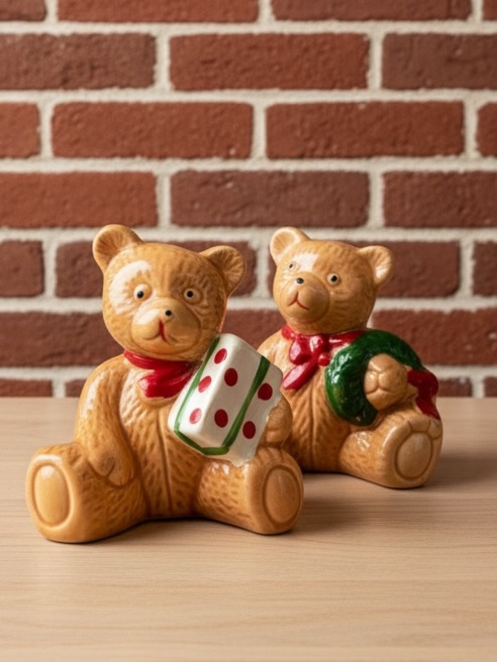 Vintage Ceramic Christmas Teddy Bear Salt & Pepper Shakers Set